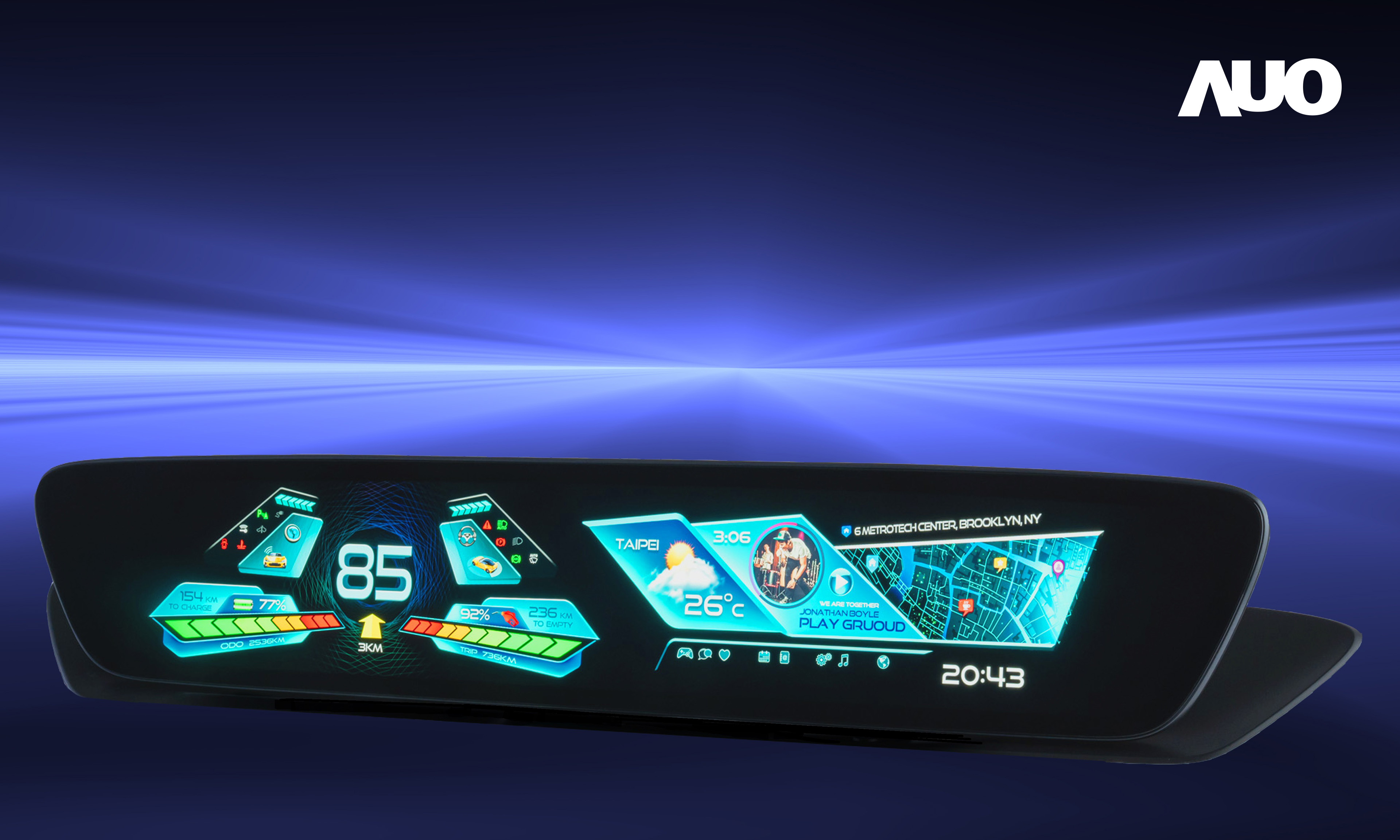 PT电子(中文)官网30.4吋異形曲面AmLED車載顯示系統，為一兼具儀表板及中控台人機介面的創新車載顯示系統，結合美學設計，提升車內科技沉浸感及使用體驗，讓車載顯示的未來應用更加多元化